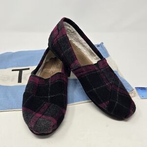 TOMS SLIP ON SHOES FLATS GREY & PURPLE PLAID WOOL BLEND SHERPA LINED WOMEN 7.5